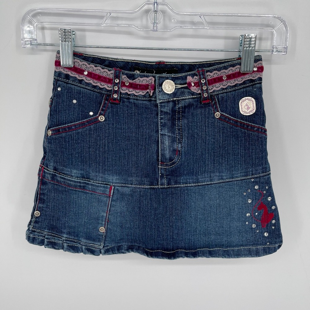 Baby Phat Women's Y2K Blue Lace Trim Rhinestone Denim Mini Skirt Size 7 Juniors